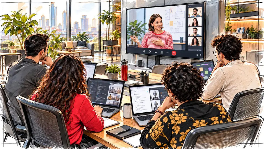 Grupo trabajando en laptops alrededor de una mesa mientras una instructora da la sesión en vivo desde una pantalla grande, con otros participantes conectados en videollamada; al bajar, el diagrama se completa con una palomita verde y el equipo sonríe