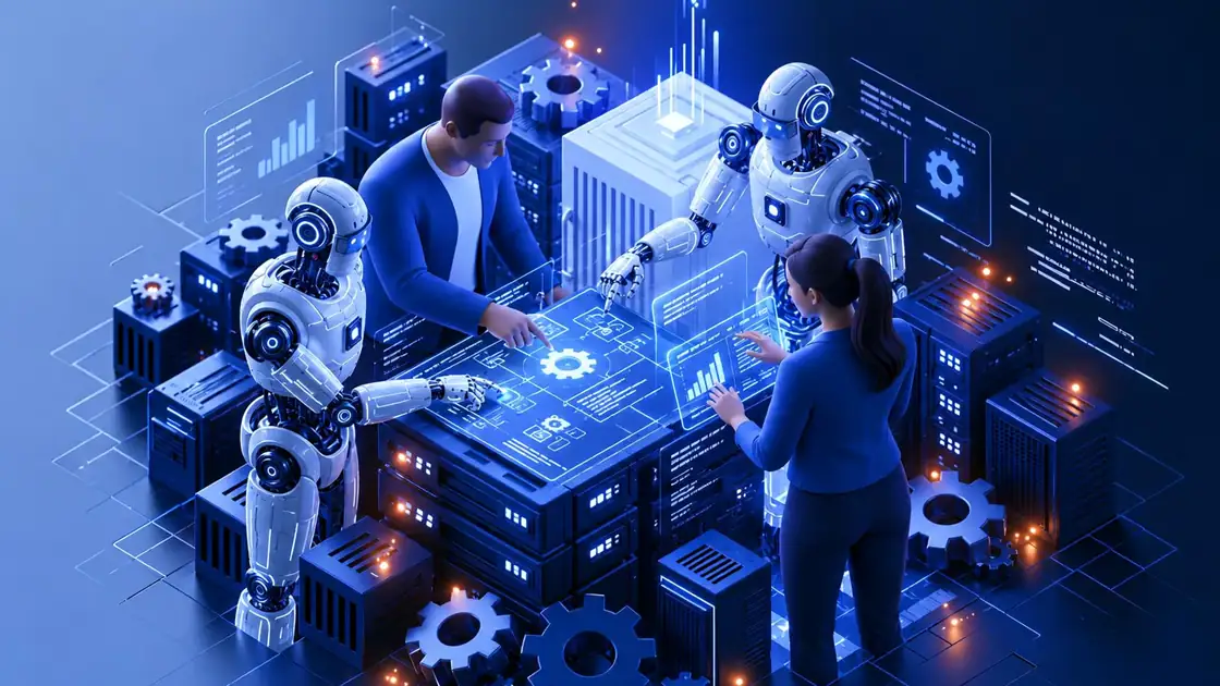 Ilustración isométrica de un centro de datos: dos robots y dos personas trabajan juntos sobre una mesa de servidores con pantallas holográficas de flujos, engranes y gráficas; al bajar, los pasos del flujo se encienden uno a uno y un pulso de luz recorre el flujo terminado