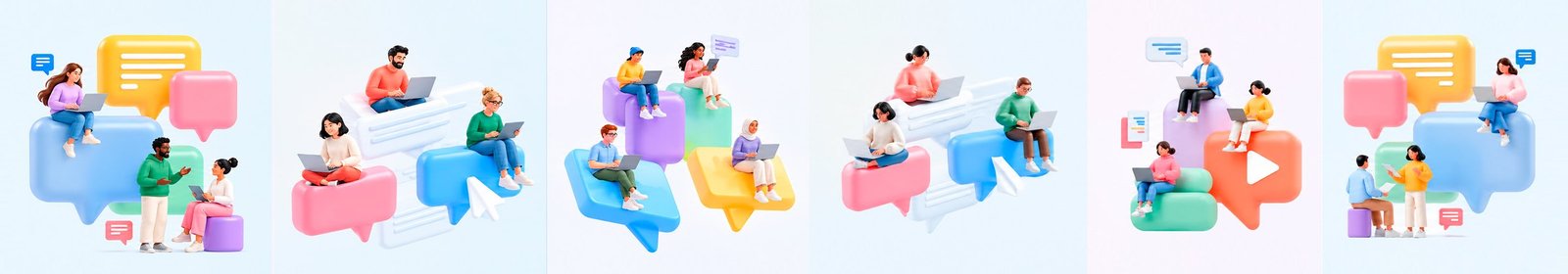 Escena ilustrada de colaboración digital: personas trabajando con laptops sobre grandes globos de conversación de colores, conversando y compartiendo ideas