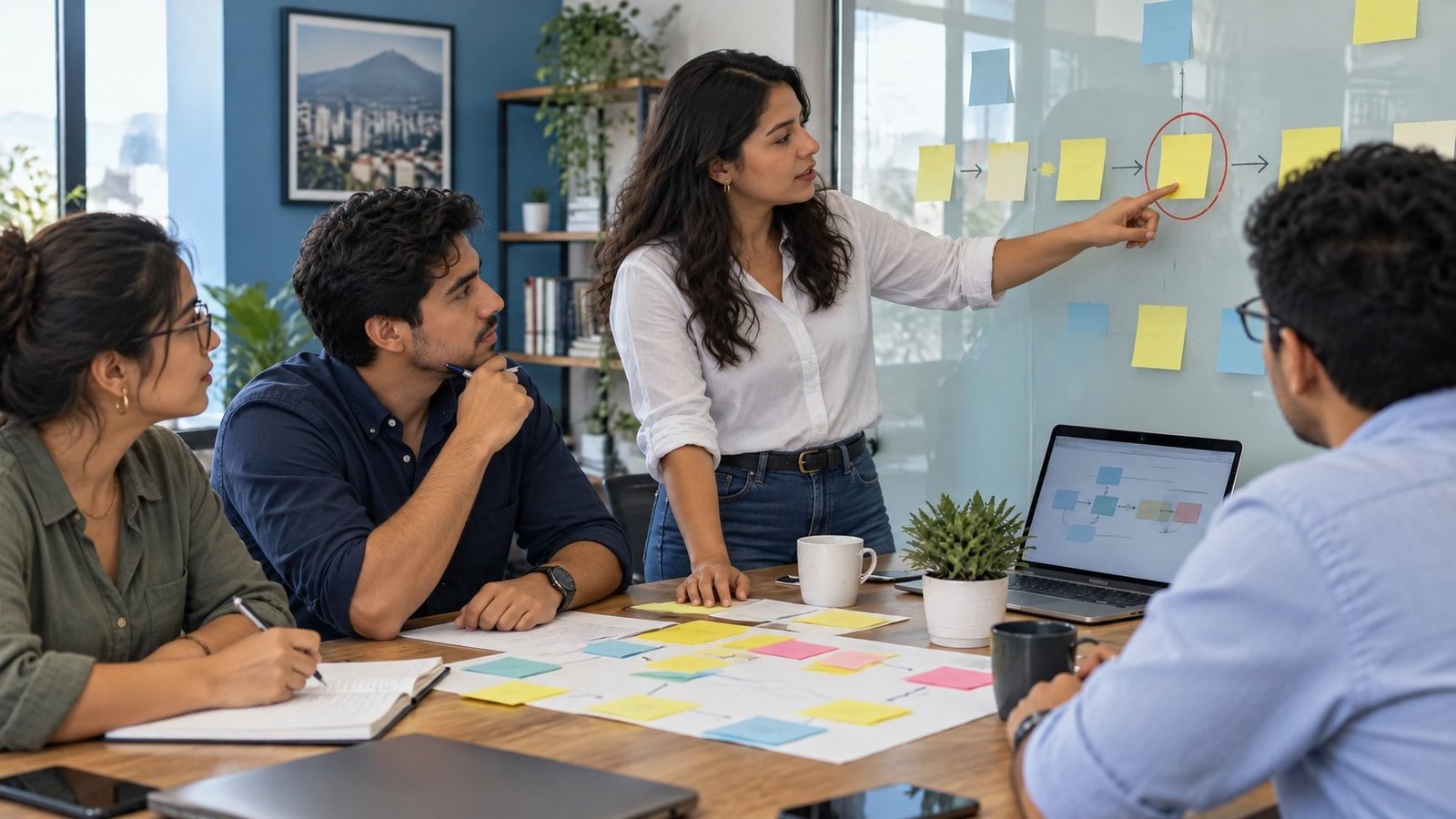 Equipo de una empresa reunido alrededor de una mesa, mapeando su proceso con notas adhesivas; una mujer señala en la pared el paso que les cuesta tiempo