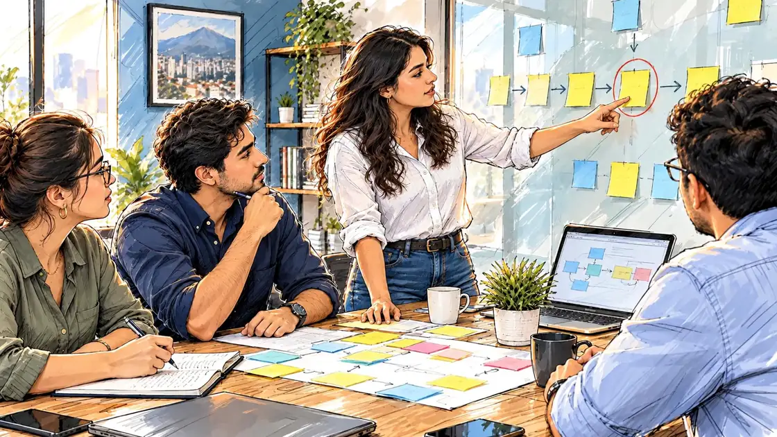 Equipo de una empresa reunido alrededor de una mesa, mapeando su proceso con notas adhesivas; una mujer señala en la pared el paso que les cuesta tiempo y, al bajar, la nota se marca con una palomita verde y todos sonríen