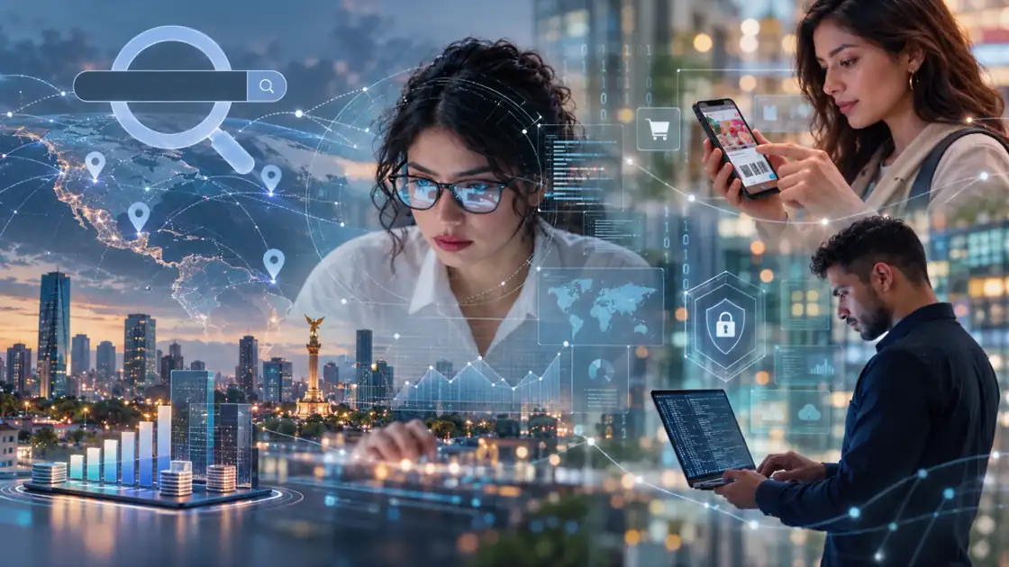Collage de tecnología: una mujer concentrada frente a paneles de datos, un buscador y un mapa de América con ubicaciones sobre la Ciudad de México al anochecer, una mujer comprando desde su celular y un hombre programando en su laptop