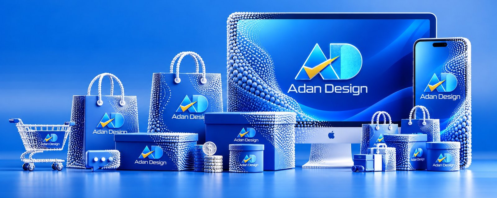 Escena 3D con la marca Adan Design aplicada en una pantalla, un celular, bolsas de compra, cajas y un carrito, todo en azul y recubierto por una malla de partículas