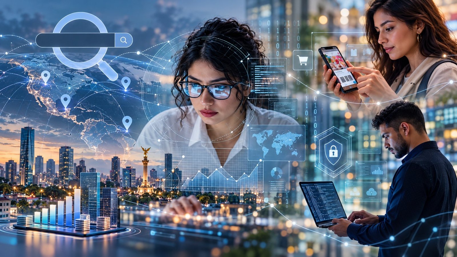 Collage de tecnología: una mujer concentrada frente a paneles de datos, un buscador y un mapa de América con ubicaciones sobre la Ciudad de México al anochecer, una mujer comprando desde su celular y un hombre programando en su laptop
